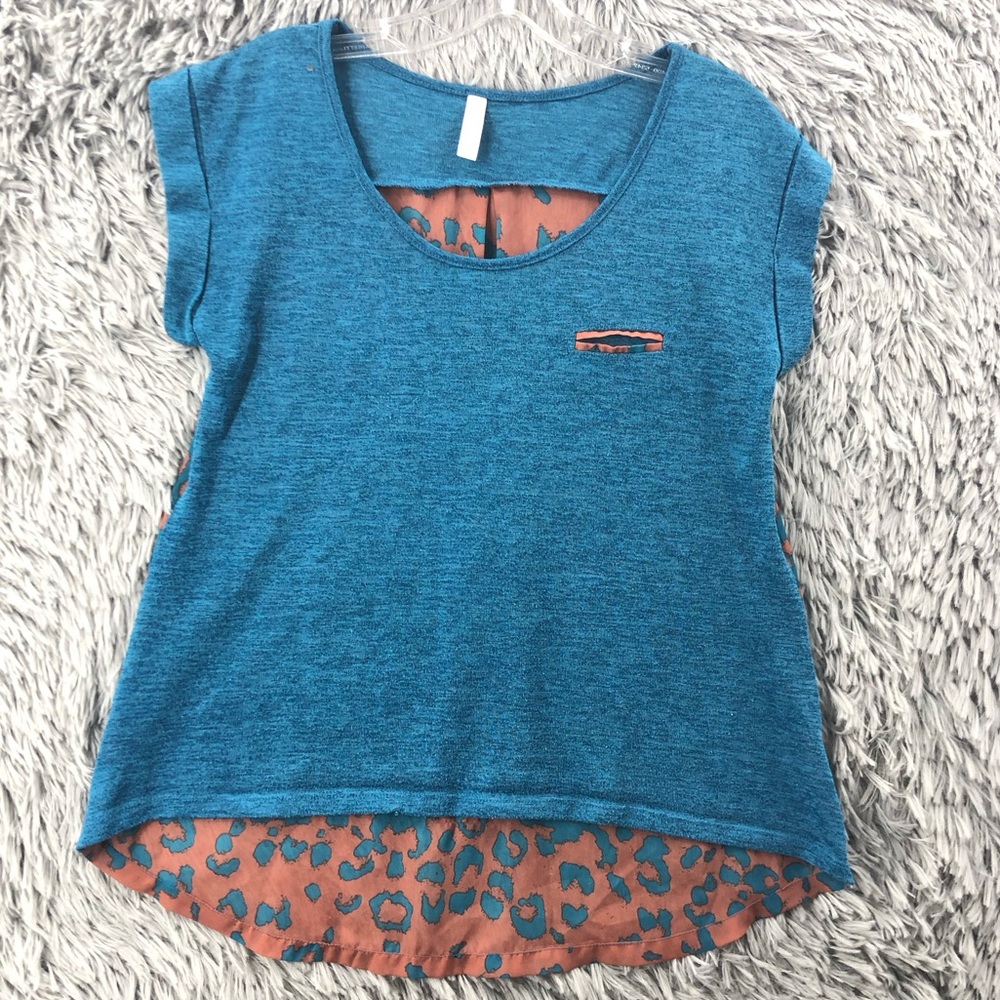 Xhilaration Shirt Womens Small Heathered Blue Cheetah Print Translucent Back Top